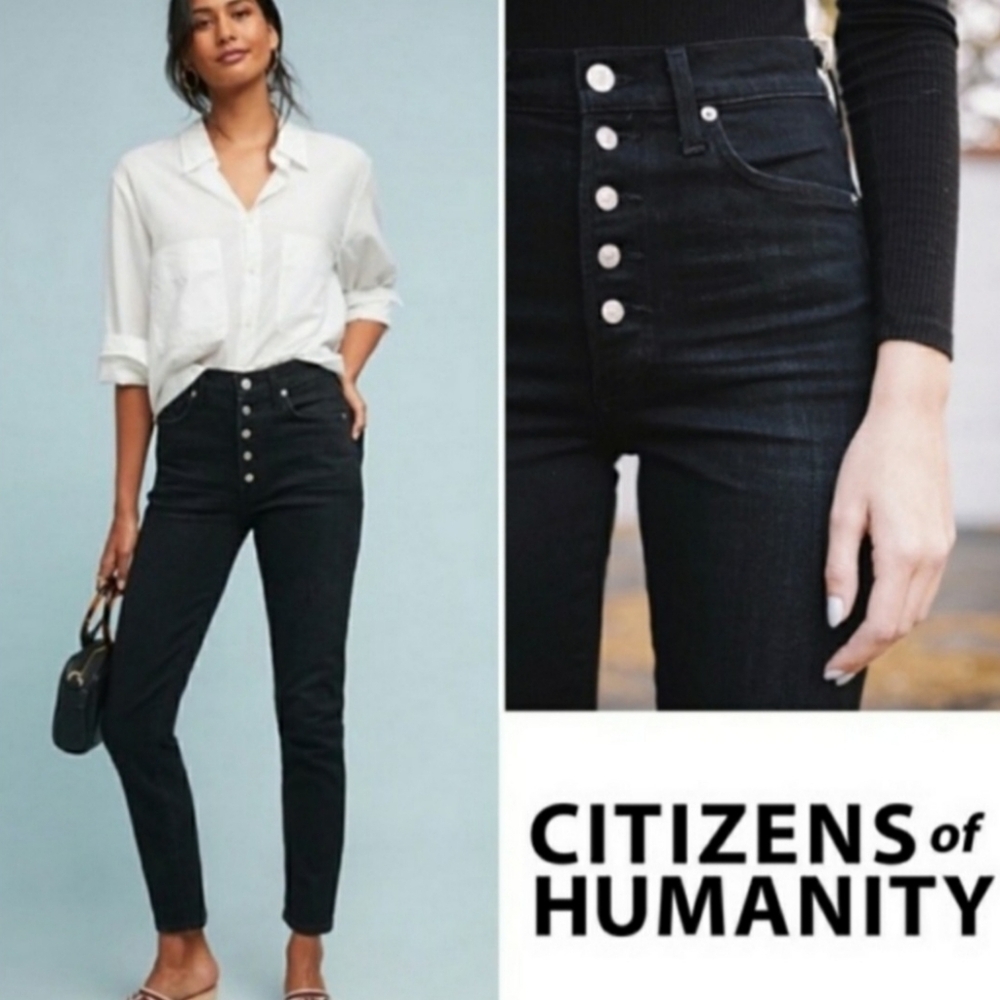 CITIZENS OF HUMANITY OLIVIA PETITE HIGH RISE SLIM ANKLE BLACK BUTTON FLY JEANS